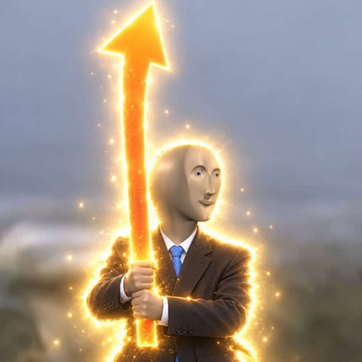 The suited SWORDSTONKS knight holding his glowing golden arrow sword